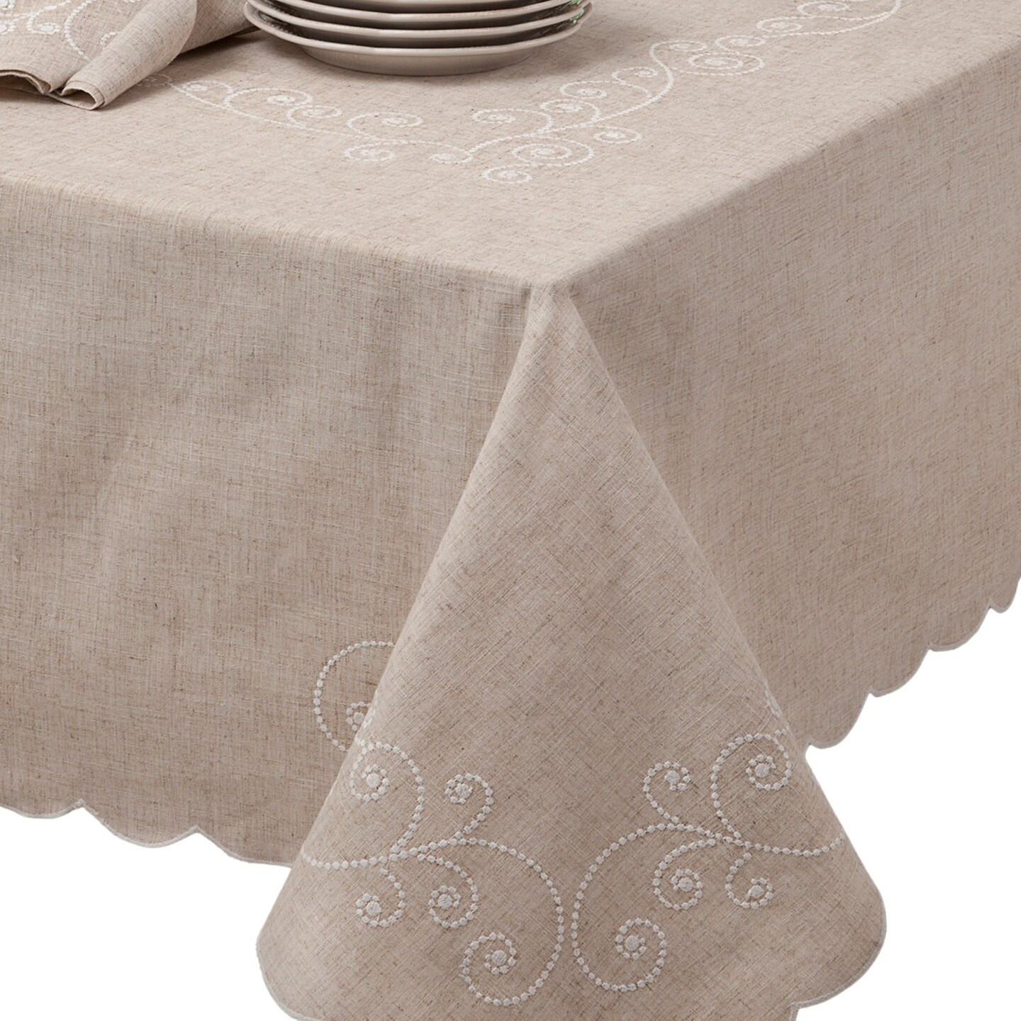 Lenox French Perle Linen Embroidered Tablecloth, Linen - 60"W x 102"L