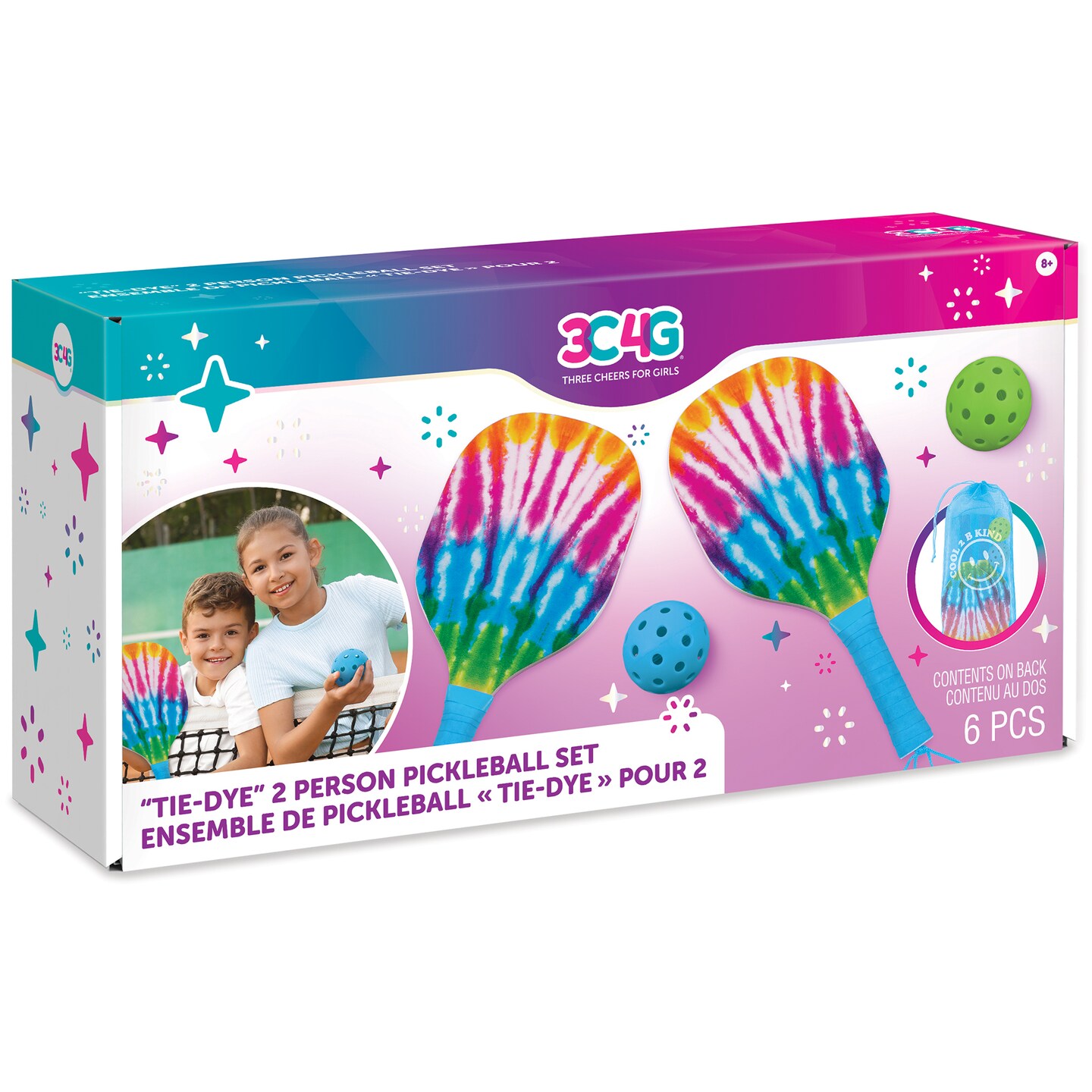 3C4G: Tie Dye 2 Person Pickleball Set - Play Pickleball Anywhere Your Heart Desires, Drawstring Dag Included, Make It Real, Three Cheers For Girls, Tween & Girls, Kids Ages 8+