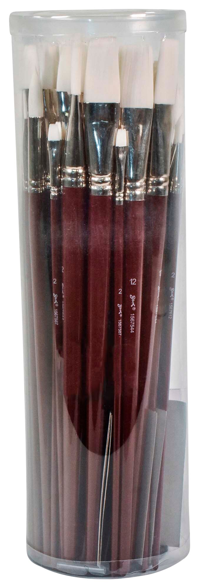 Sax Optimum White Synthetic Taklon Paint Brushes with Long Handles, Assorted Sizes, Red, Set of 72