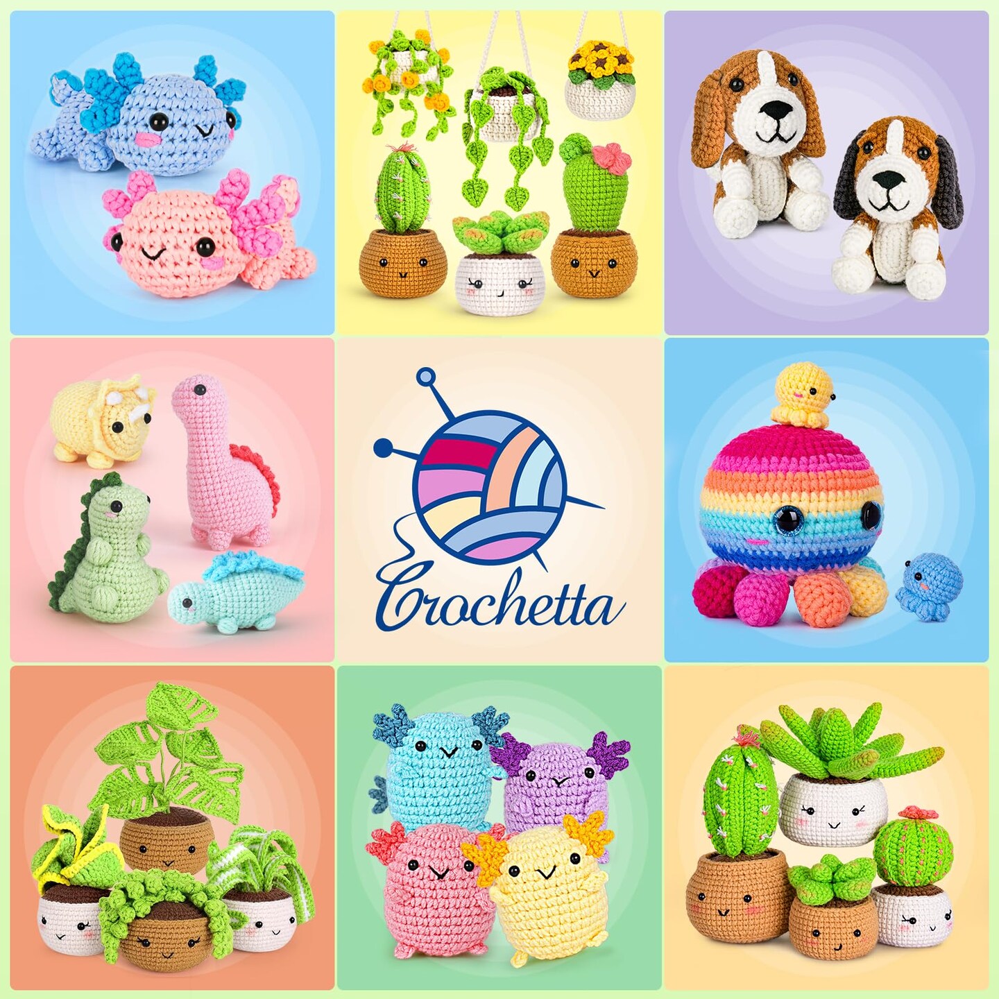 Crochet Kit for Beginners, Crochet Starter Kits for Adults, Amigurumi Craft Knitting Crocheting Kits with Step-by-Step Video Tutorials, 6 Pc Hanging Potted Plants Family(40%+ Yarn