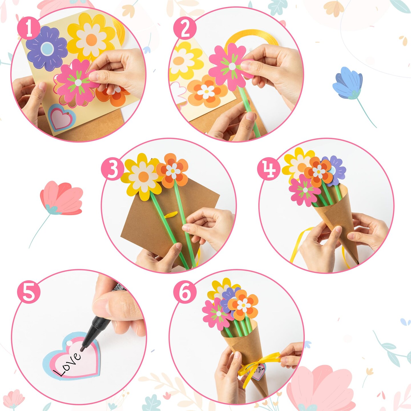 Flower Bouquet Craft Kit - 24Pcs Mother's Day Flower Bouquet Craft for Kids Make Your Own Bunch of Flowers Teacher Appreciation Week DIY Thankful Gift Set School Classroom Home Fun Activities