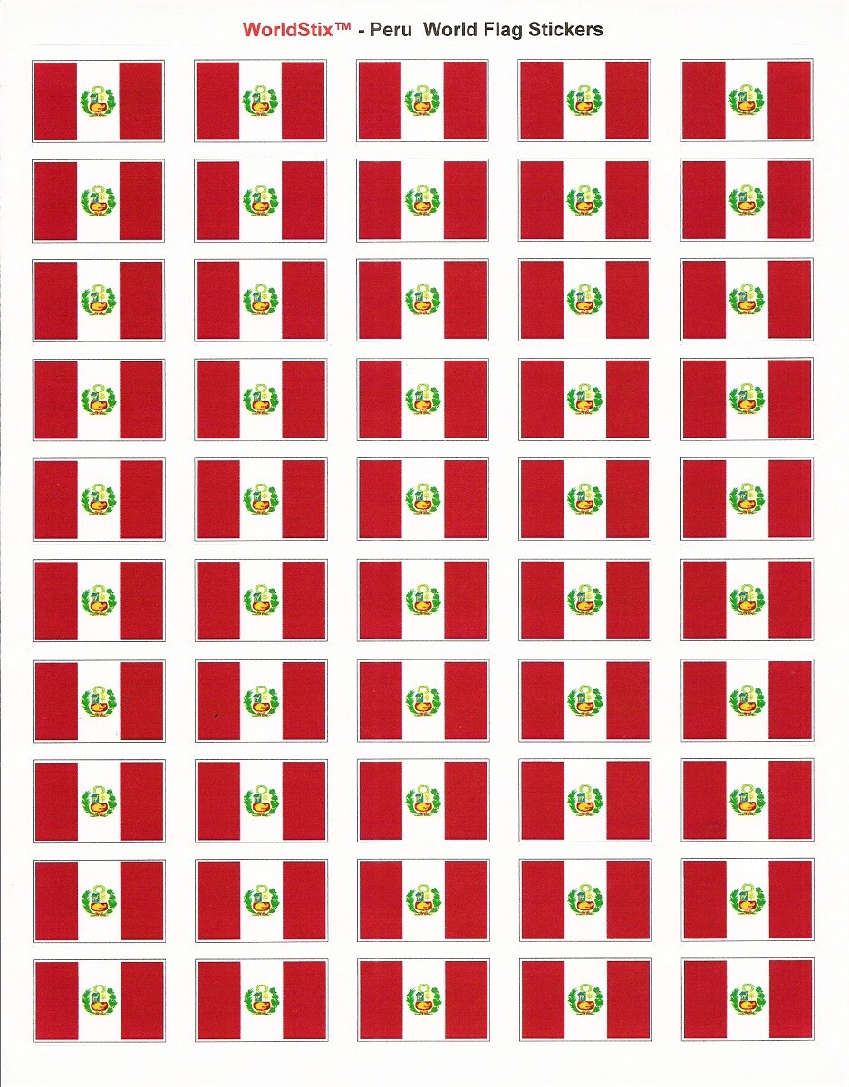 100 Peru Flag Stickers, Two Sheets of 50, 1.5" x 1" Made in America Self Adhesive Country Flag Scrapbook Stickers, Two Sheets of 50, 100 Sticker Decal Flags