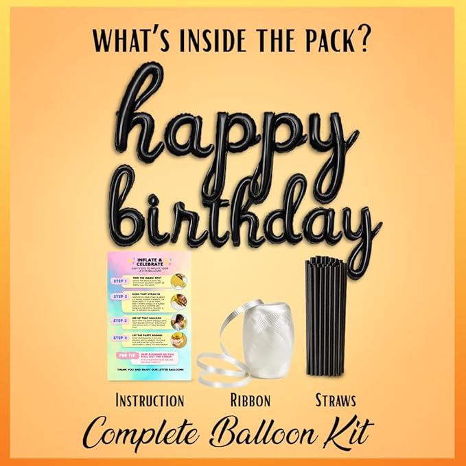 Black Happy Birthday Balloons Banner | Script/Cursive Silver Letter Balloon Sign for Birthday Party Decor/Decoration | Foil Mylar Happy Birthday Banner