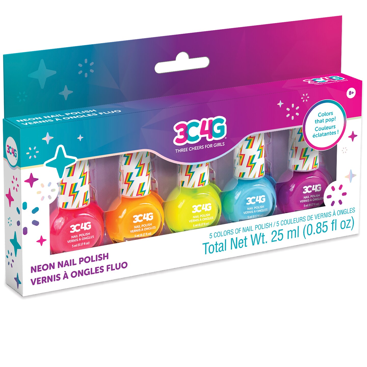 3C4G: Neon Nail Polish Set - 5 Bottles, Make It Real, Teens Tweens & Girls, Non-Toxic Long-Lasting Polish, Vibrant Colors That Pop, Three Cheers For Girls, Kids Ages 8+