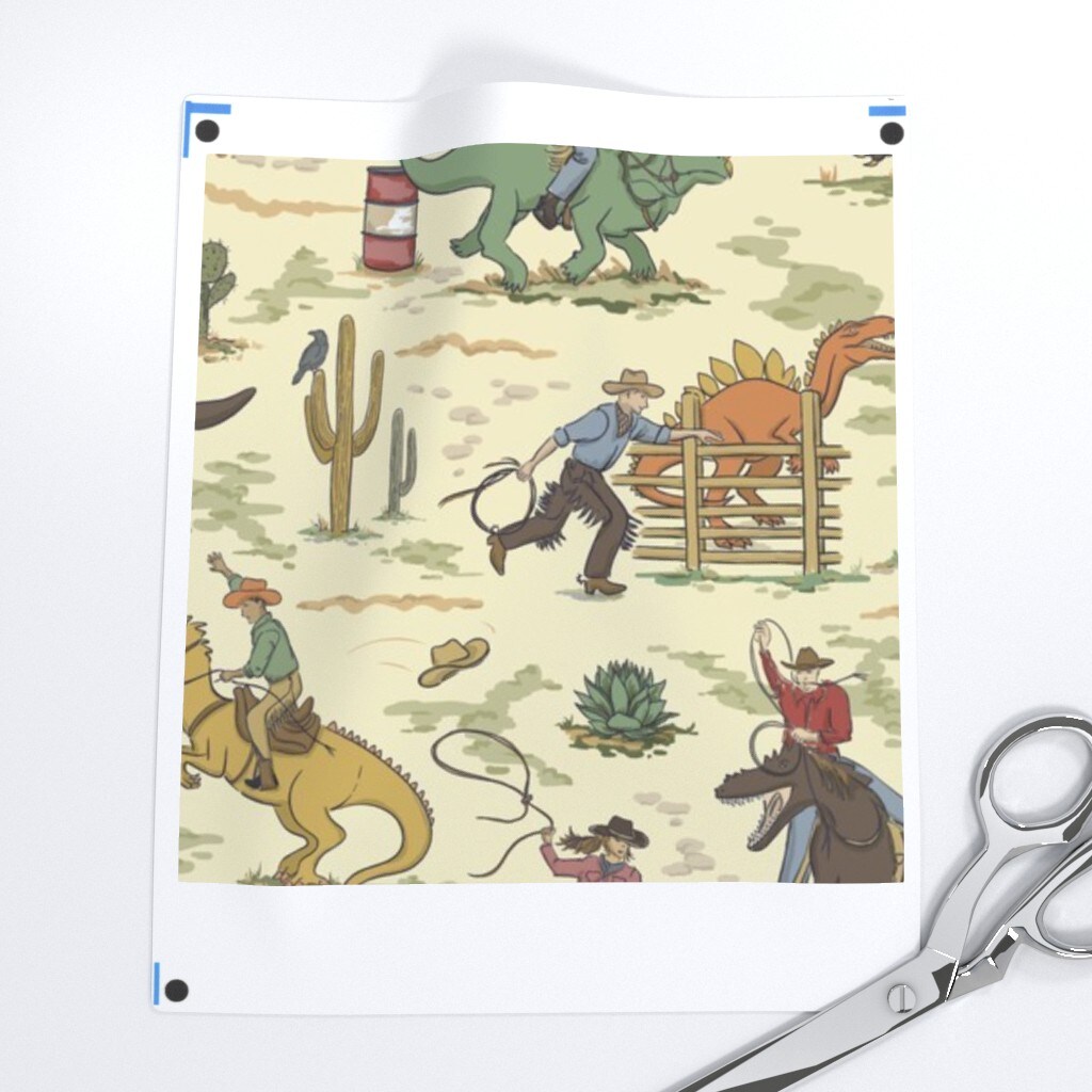 Wild West Cowboy Cowgirl Dinosaurs Kids Rodeo Armadillo Southwest Lasso Barrel Racing Tyrannosaurus Rex Triceratops Stegosaurus Cactus Raven Custom Printed Fabric by Spoonflower Various Fabrics by the Yard or Fat Quarter