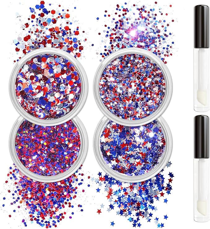 Chunky Body Glitter 4 Colors Cosmetic Patriotic Face Glitter Independence Day Hair Sequins Sparkle Veterans Day Eye Flakes 4th of July Accessories for Olympics Party Women Face Paint Makeup