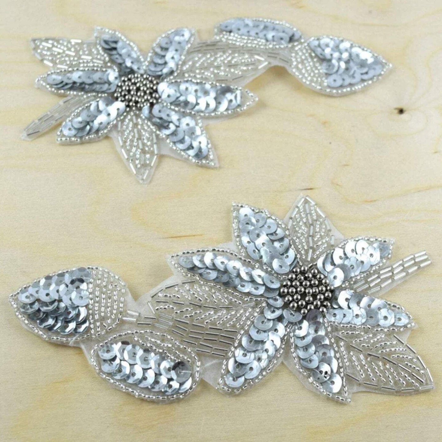1 Piece Silver Beaded Sequin Flower Applique Patch Iron On Embellishment for Clothing 5.75"