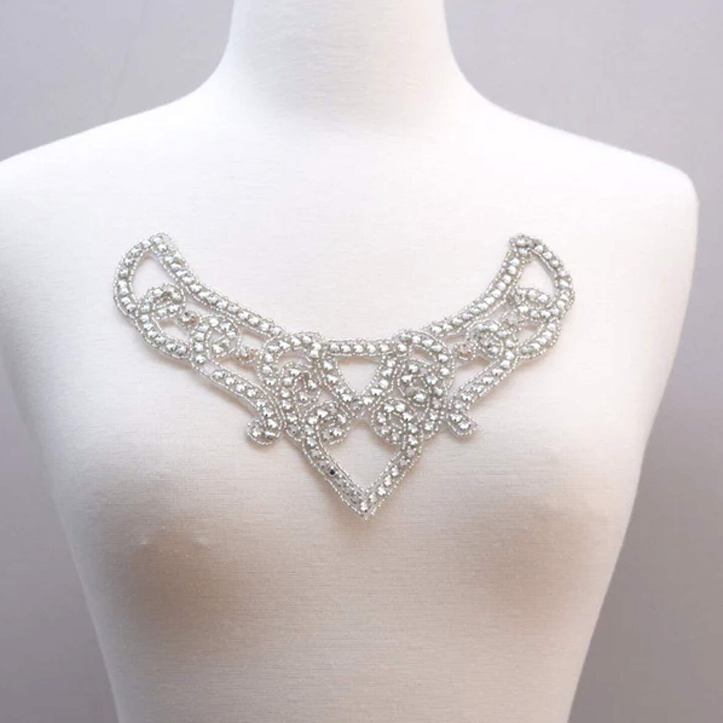 7 Inch Diagonally Silver Beaded Rhinestone Neckline Applique Iron On Patch for Dance Costume