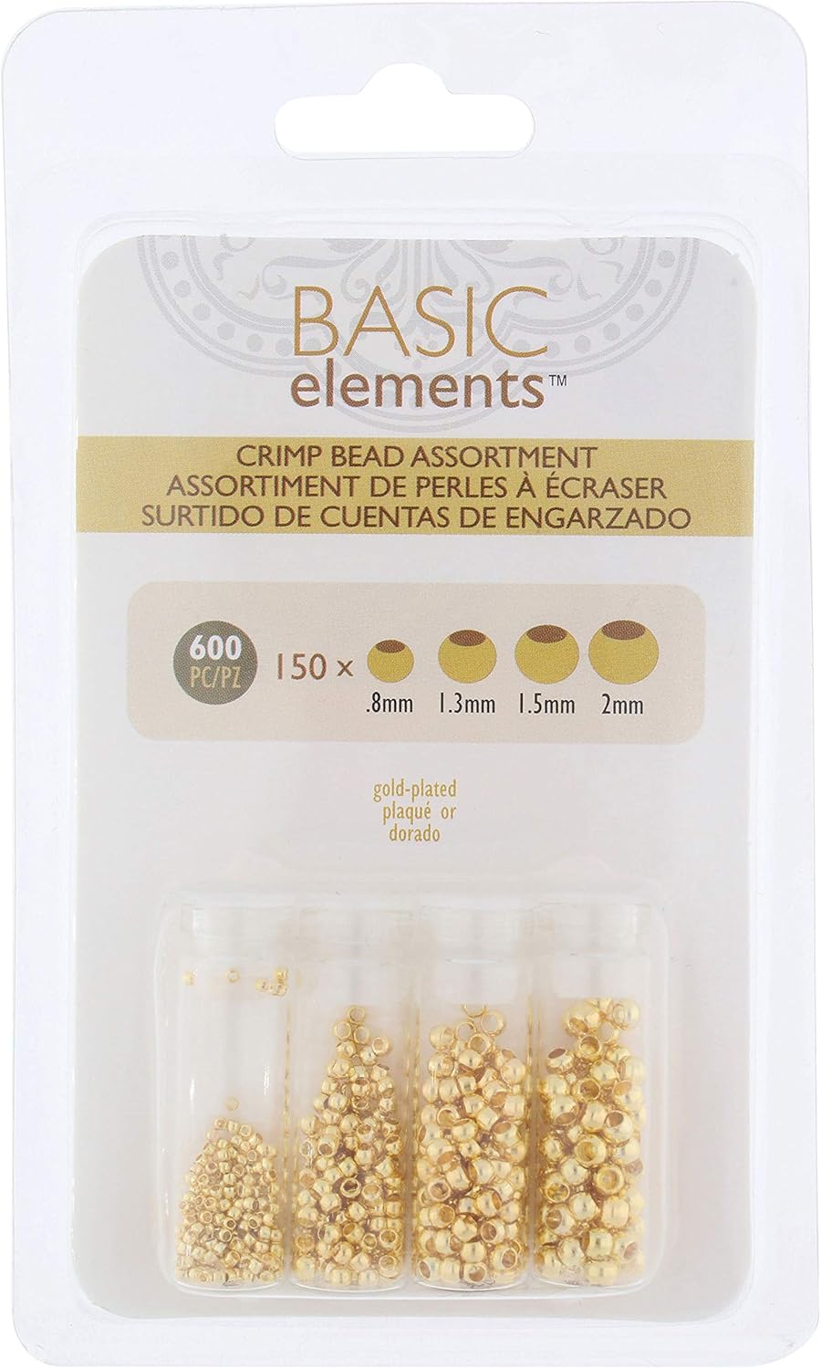 The Beadsmith Basic Elements Crimp Beads, 4 Vials in Assorted Sizes, Gold Color, Uniform Round Shape, No Sharp Edges, Designed to Secure The Ends of Jewelry Stringing Wires and Cables