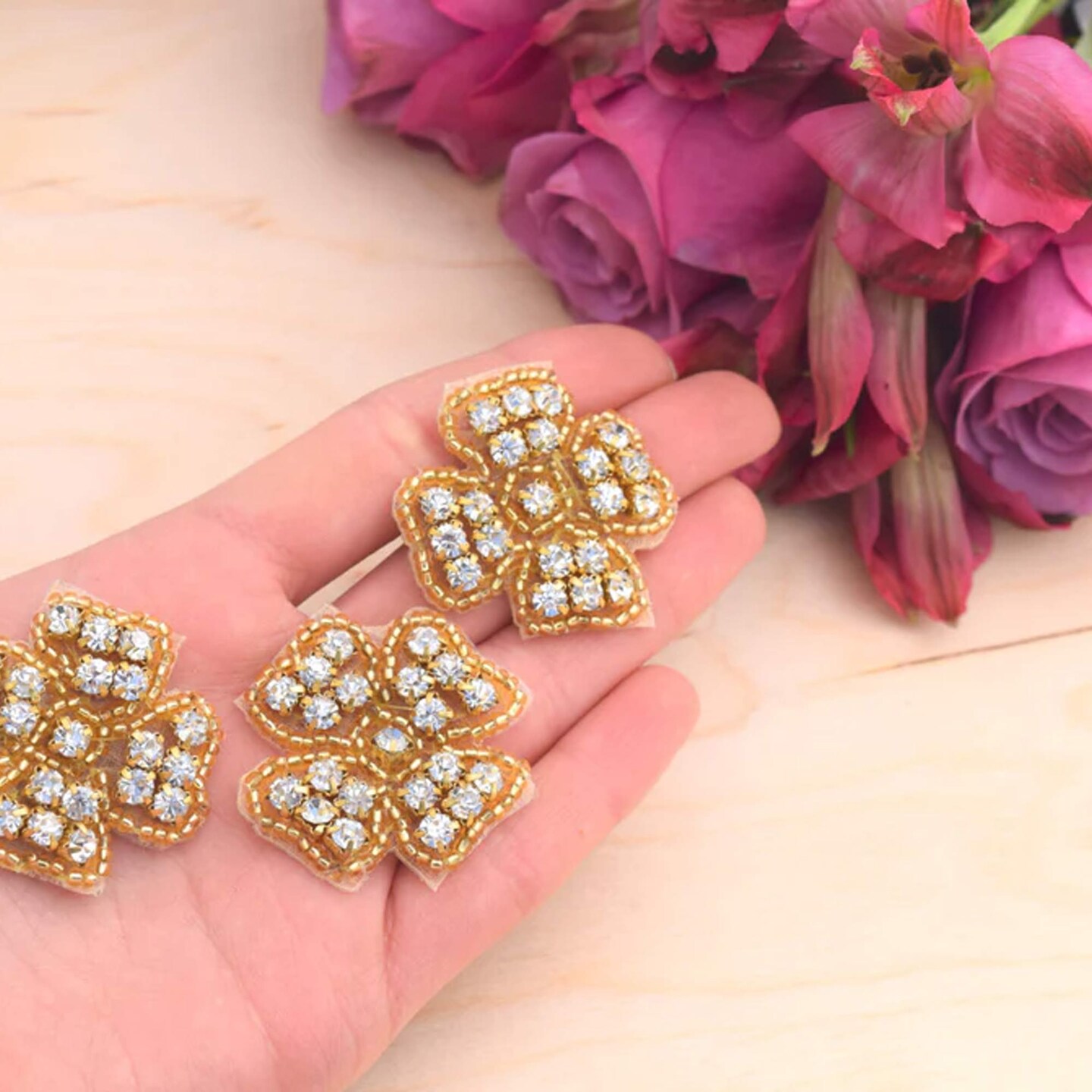 6 Pieces 1.5" Gold Rhinestone Flower Applique Patch Iron On Beaded Embellishment Craft