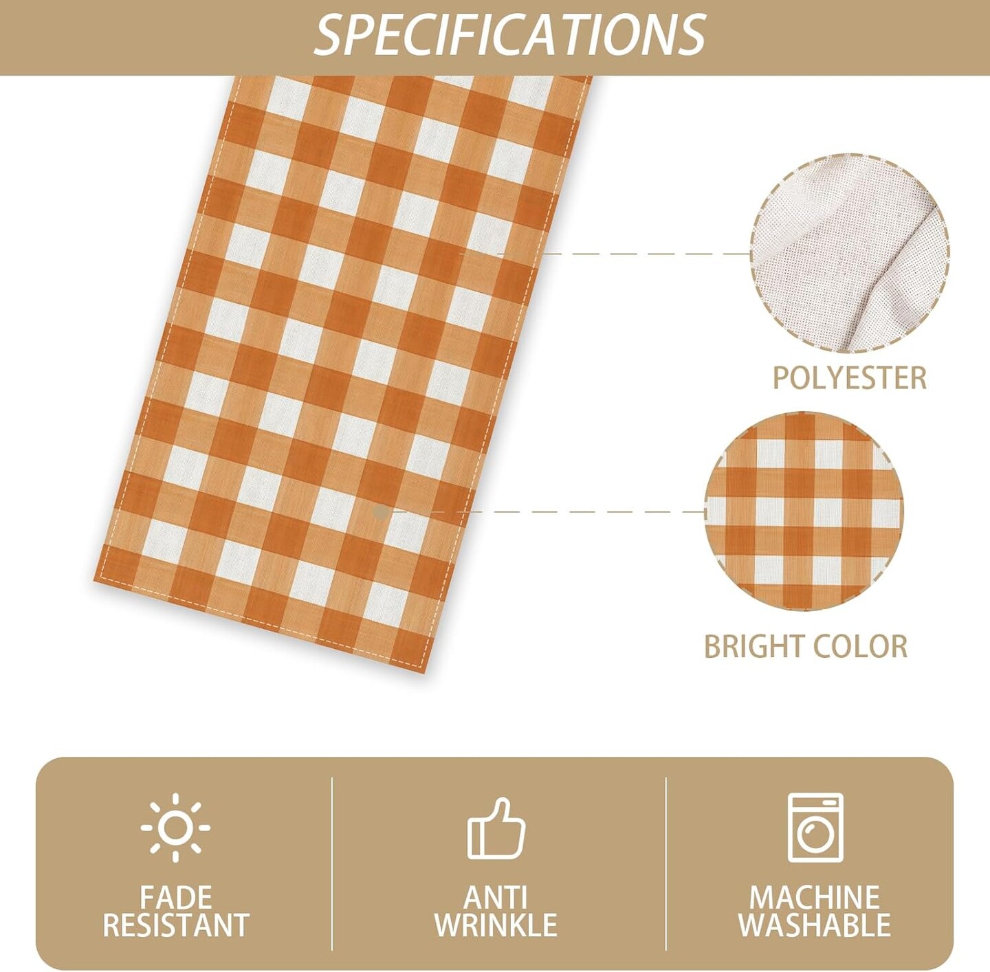 Linen Watercolor Black White Buffalo Check Plaid Table Runner (Orange and White) 13''×72