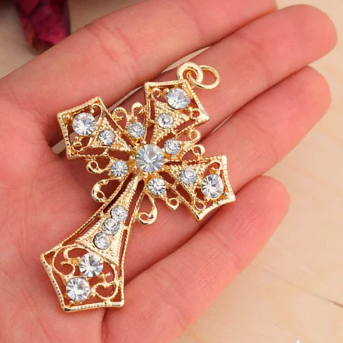 1 Piece 2.5x1.75 Gold Rhinestone Cross Charm Pendant Jewelry Baptism Craft