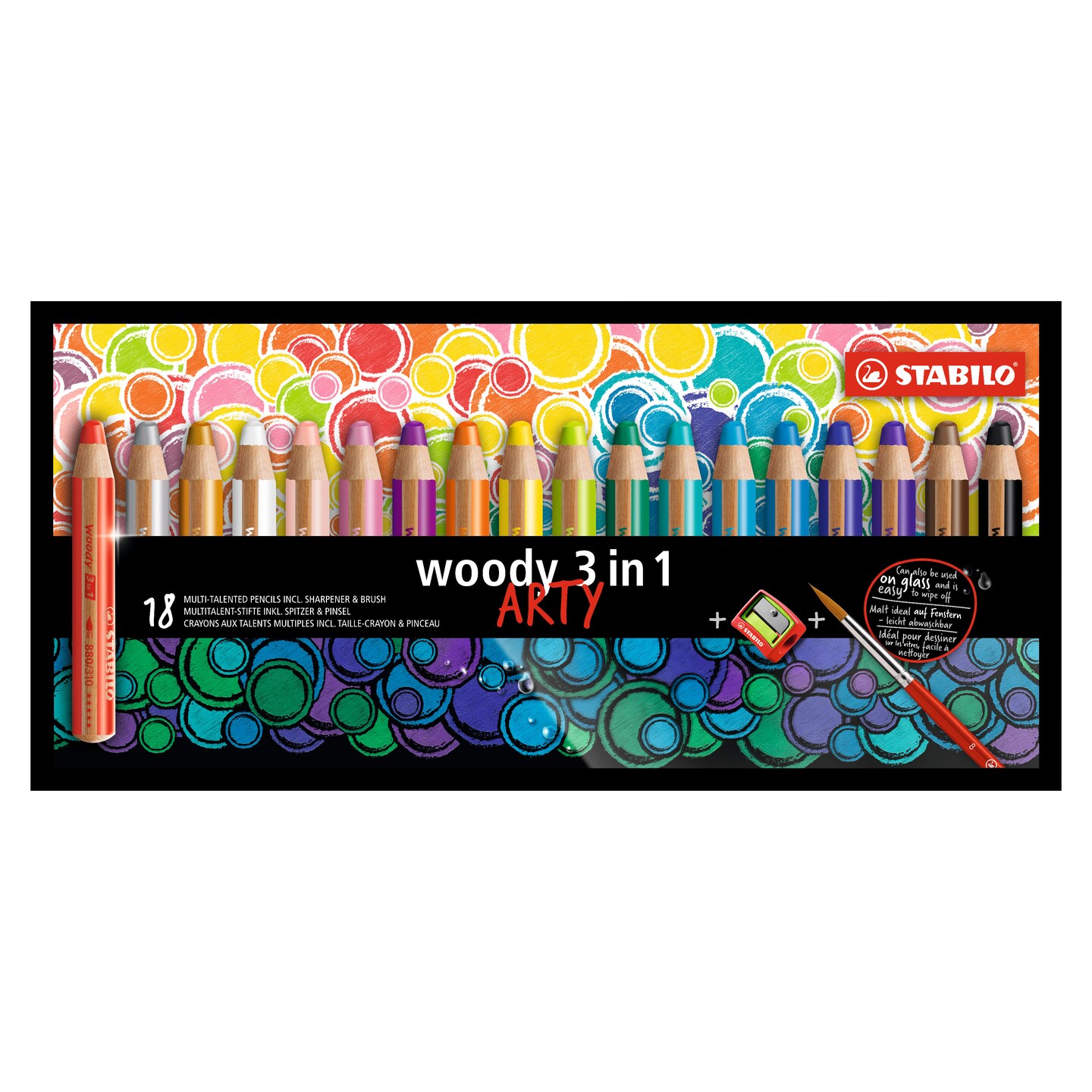 STABILO Woody 3 in 1 Pencils, ARTY, Set of 18 with Sharpener