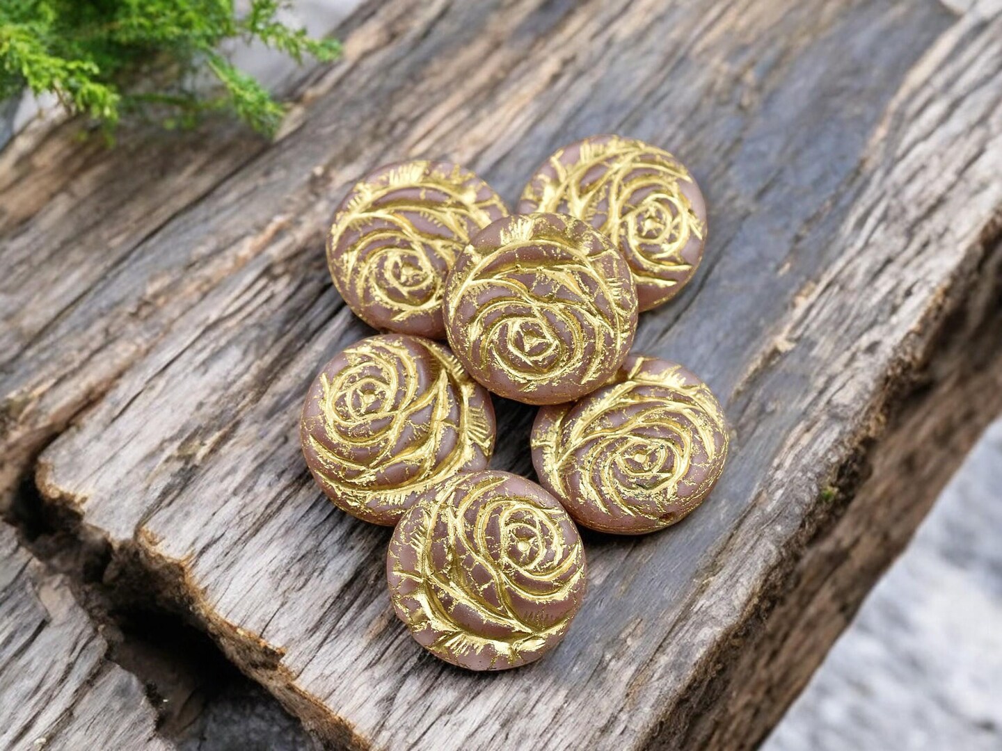*6* 18mm Bronze Washed Vintage Pink Silk Rose Flower Coin Beads