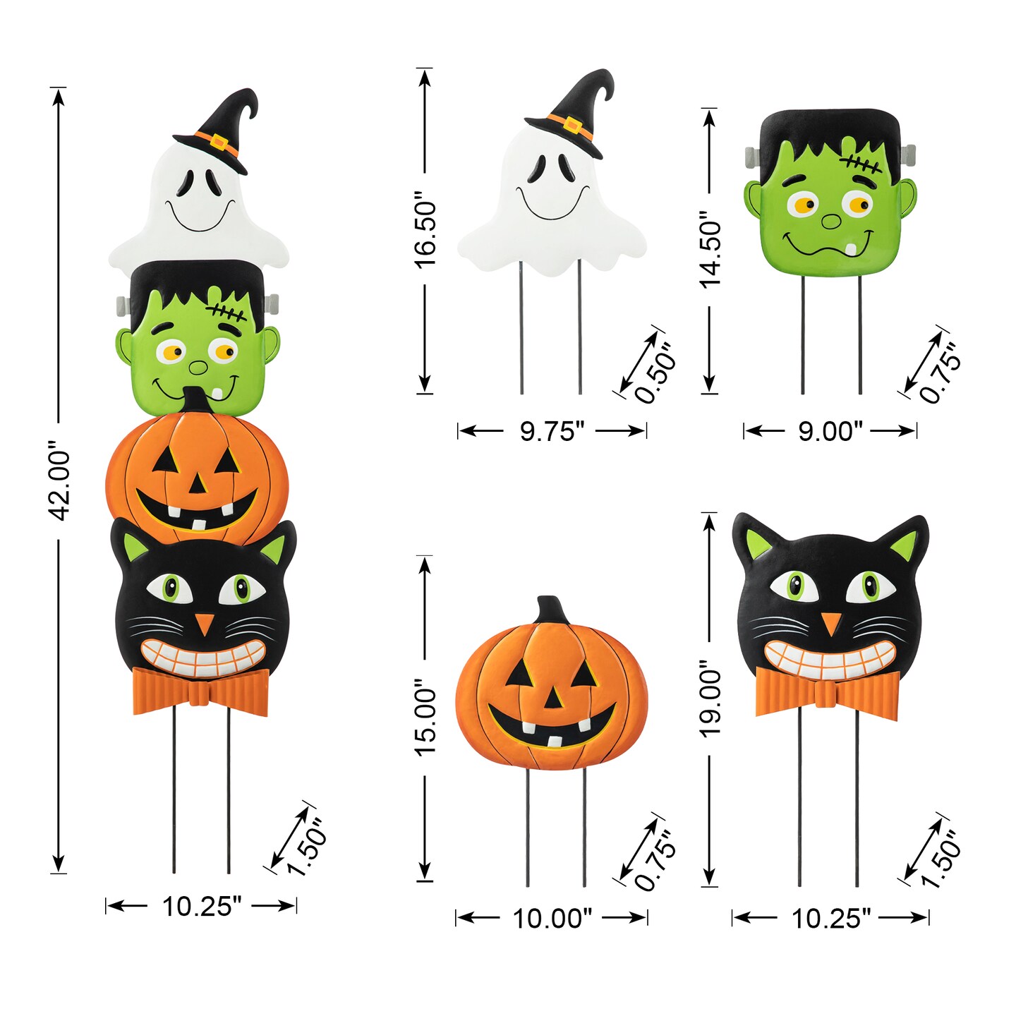 42.5&#x22;H Halloween Metal Stacked Ghost, Frankenstein, Black Cat &#x26; Pumpkin Yard Stake or Hanging Decor (KD, Two function)