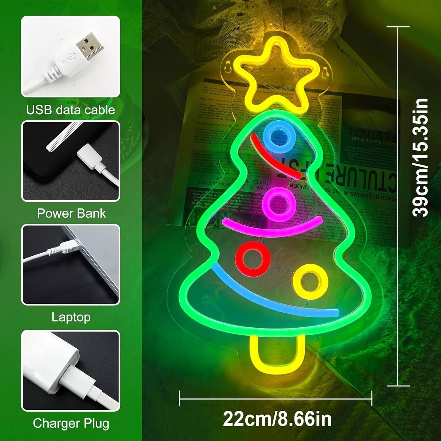 Christmas Tree Neon Sign, Xmas Trees LED Neon Lights Signs, Colorful Festival USB Powered Christmas Neon Sign with Switch for Home Wall Decor, Bedroom, Party, Shop Christmas Decorations