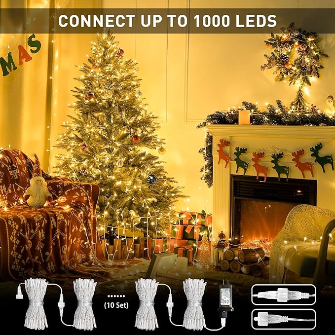 Warm White Indoor String Lights for Bedroom, Christmas String Lights 8 Modes Twinkle Fairy Lights Plug in, 33ft 100 LED Christmas Lights Outdoor Waterproof