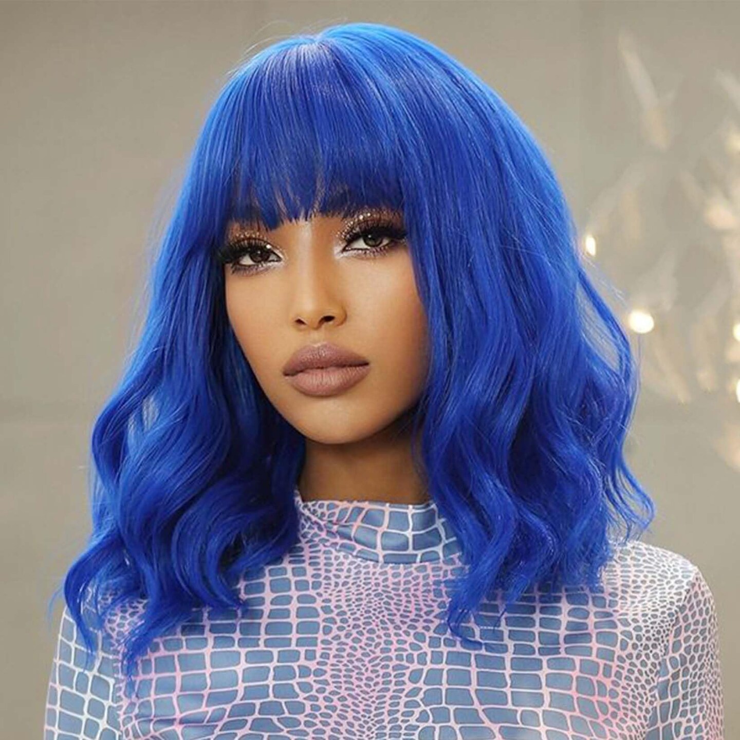 andromeda Blue Wavy Wig with Bangs Soft Short Bob Wigs for Women Synthetic Shoulder Length Women s Curly Wigs for Halloween Costumes Cosplay Daily Blue Michaels