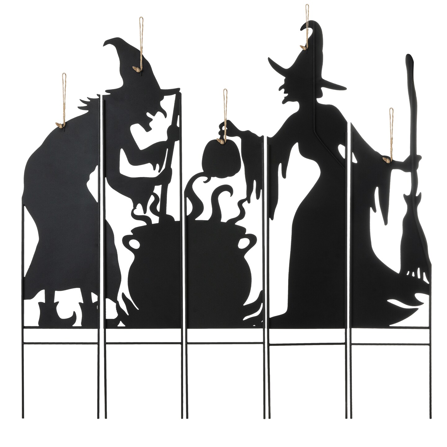 34.5&#x22;H Set of 5 Halloween Metal Silhouette Witches with Cauldron Yard Stake(Two function)