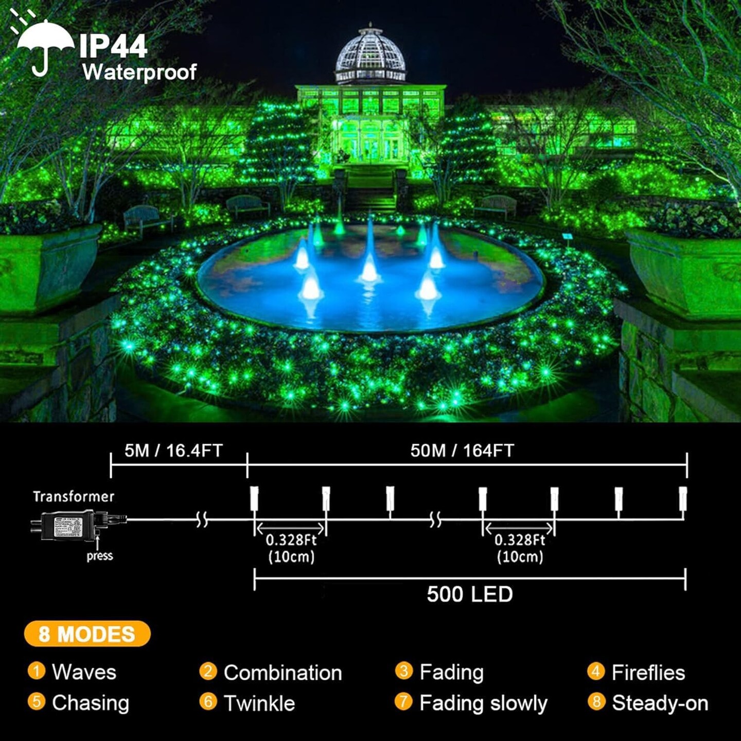 500 LED Outdoor St Patrick Day Lights, 164FT 8 Lighting Mode with Memory Plug in Green Wire Waterproof Lights, for Outdoor Birthday Christmas Wedding Party Garden Balcony Decorations (Green)