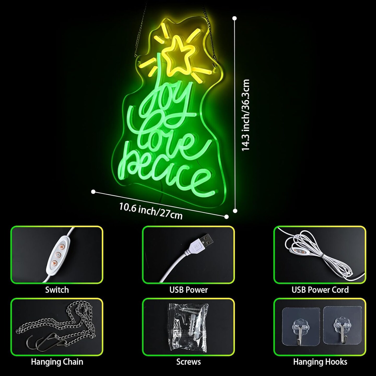 Christmas Tree Neon Sign, Xmas Trees Peace Love Joy Christmas Decoration, USB Powered Led Merry Christmas Neon Light Up Sign for Wall Decor, Xmas Led Sign for Home Holiday Gift New Year Party Backdrop