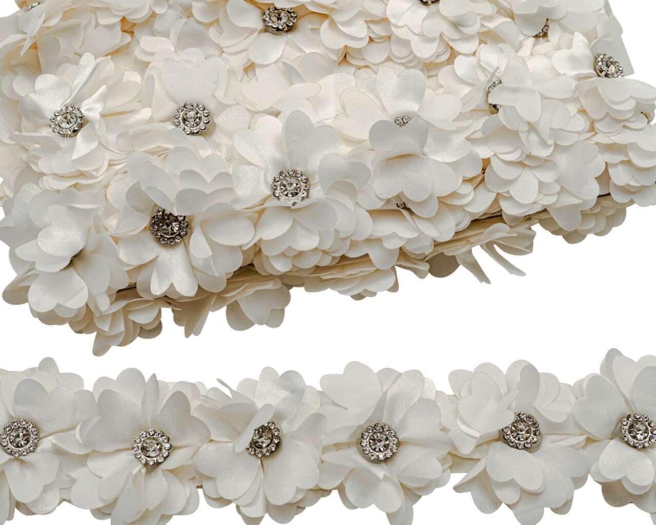 2"x 10 yards Ivory and Ivory 3D Satin Flower Trim with Diamond Center