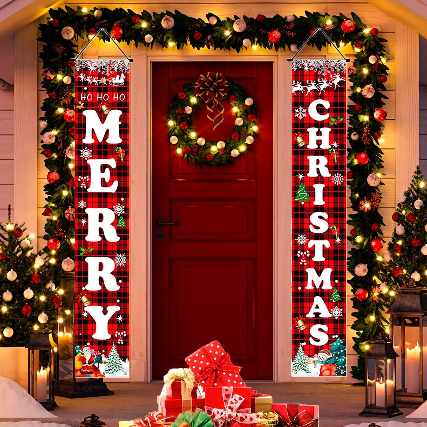 Christmas Decorations Red Black Buffalo Plaid Sign Set for Festival Merry Christmas Door Banner | Outdoor Yard &#x26; Front Porch | Indoor &#x26; Outdoor Xmas Decor for Home, Wall, Front Door, Yard, and Garage