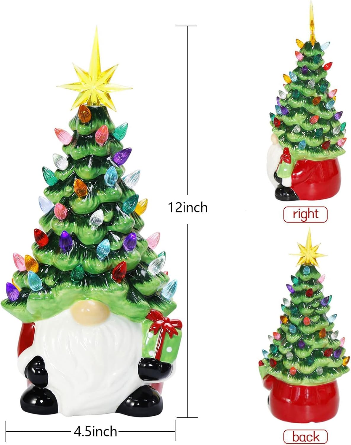 Christmas Decorations - 12&#x201D; Lighted Up Gnomes Ceramic Christmas Tree with 46 Multicolored Lights - Small Mini Prelit Xmas Holiday Decor for Tabletop Home Room Table Fireplace Office