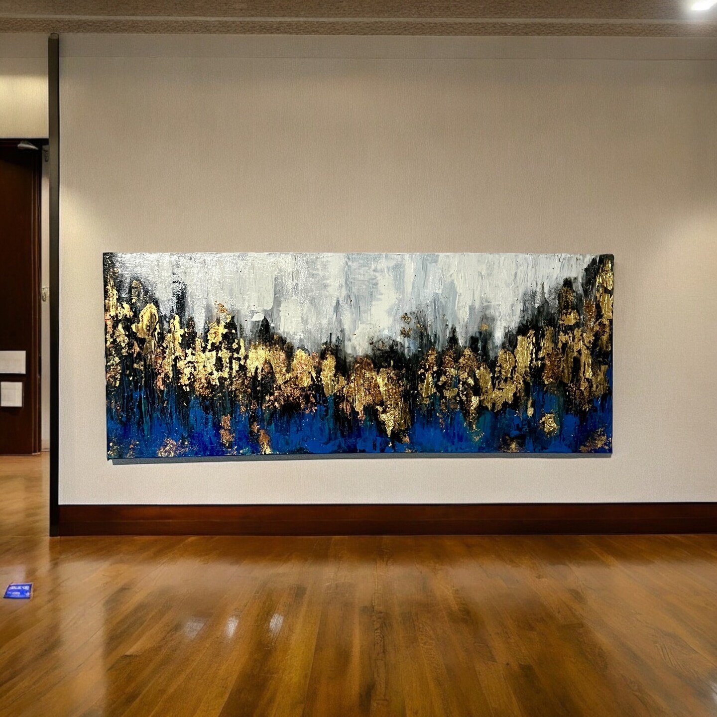 Blue Gold Copper Horizon- Abstract Mixed Media Painting 36x16