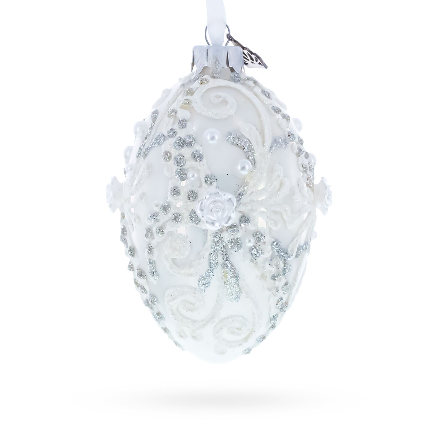Silver Glitter Scrolls, Pearls & Rose Accents Winter Elegance Glass Egg Ornament 4 Inches