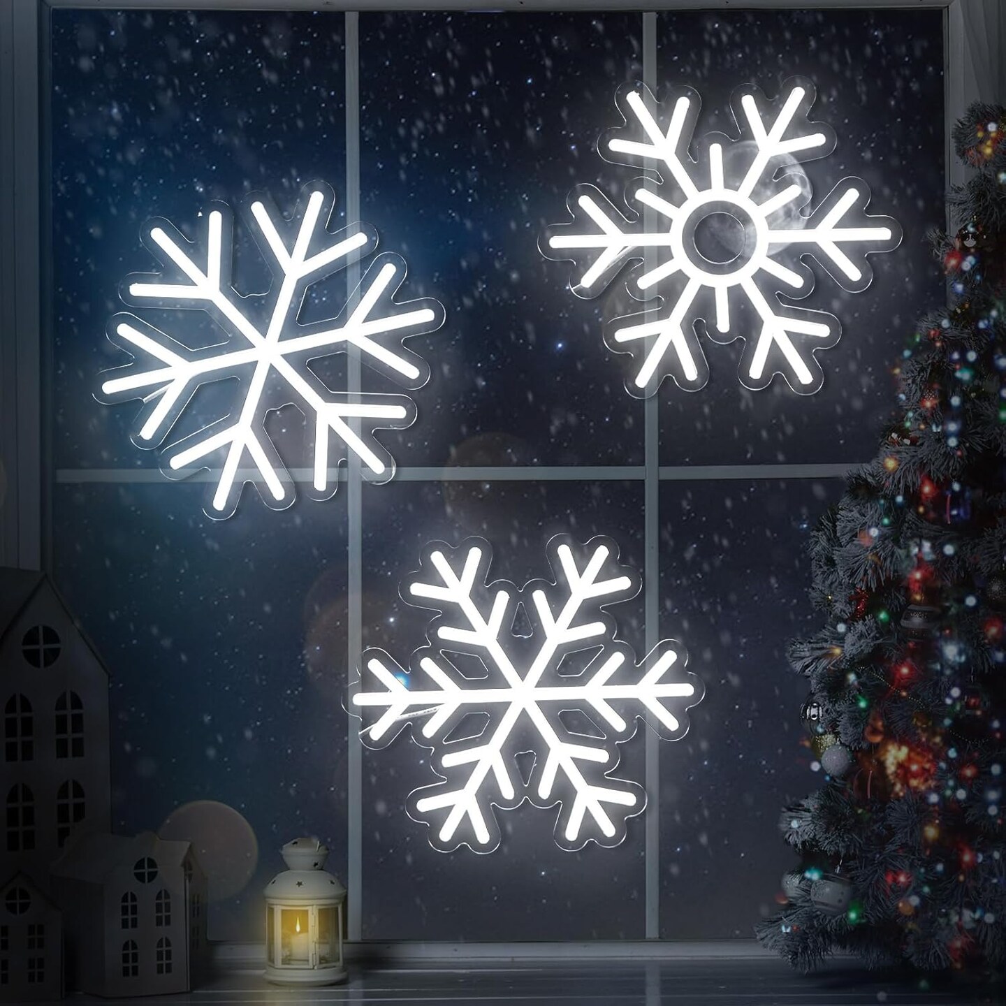 3 Pcs Christmas Neon Sign White Snowflake Neon Sign Christmas Window Decorations Light up Room Sign LED Neon Sign Light USB Wall Bar Living Room Decor for Winter Party Home Bedroom Office Art