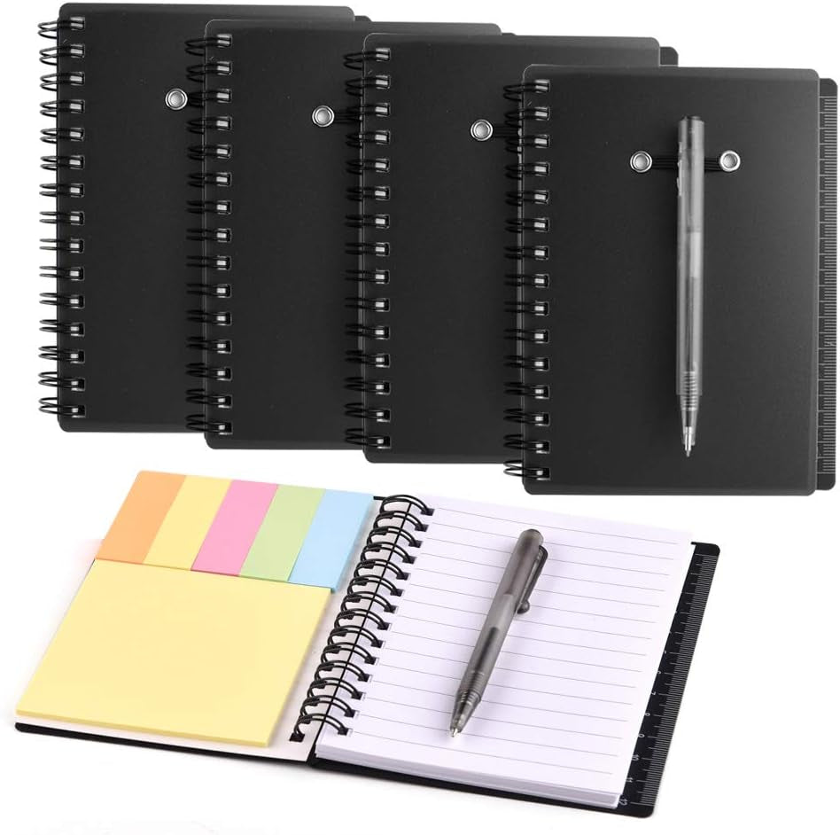 4 Pieces Spiral Notebook Steno Pocket Notepad with Pen in Holder and Sticky Notes, Page Marker Index Tabs Flags Making Plans Writing Memos Office School Supplies (Black)