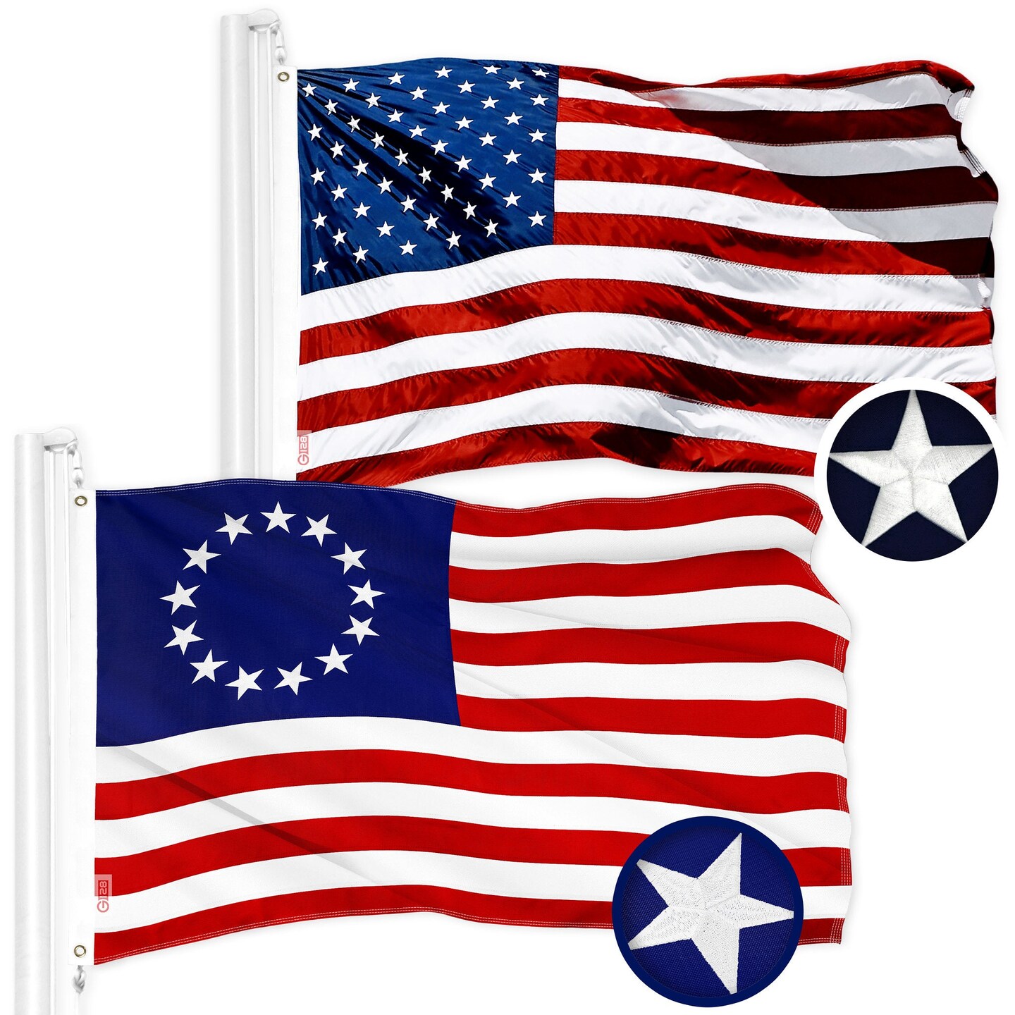 G128 Combo Pack: American USA Flag 3x5 Ft &#x26; Betsy Ross Flag 3x5 Ft | Both ToughWeave Series Embroidered 300D Polyester, Embroidered Design, Indoor/Outdoor, Brass Grommets