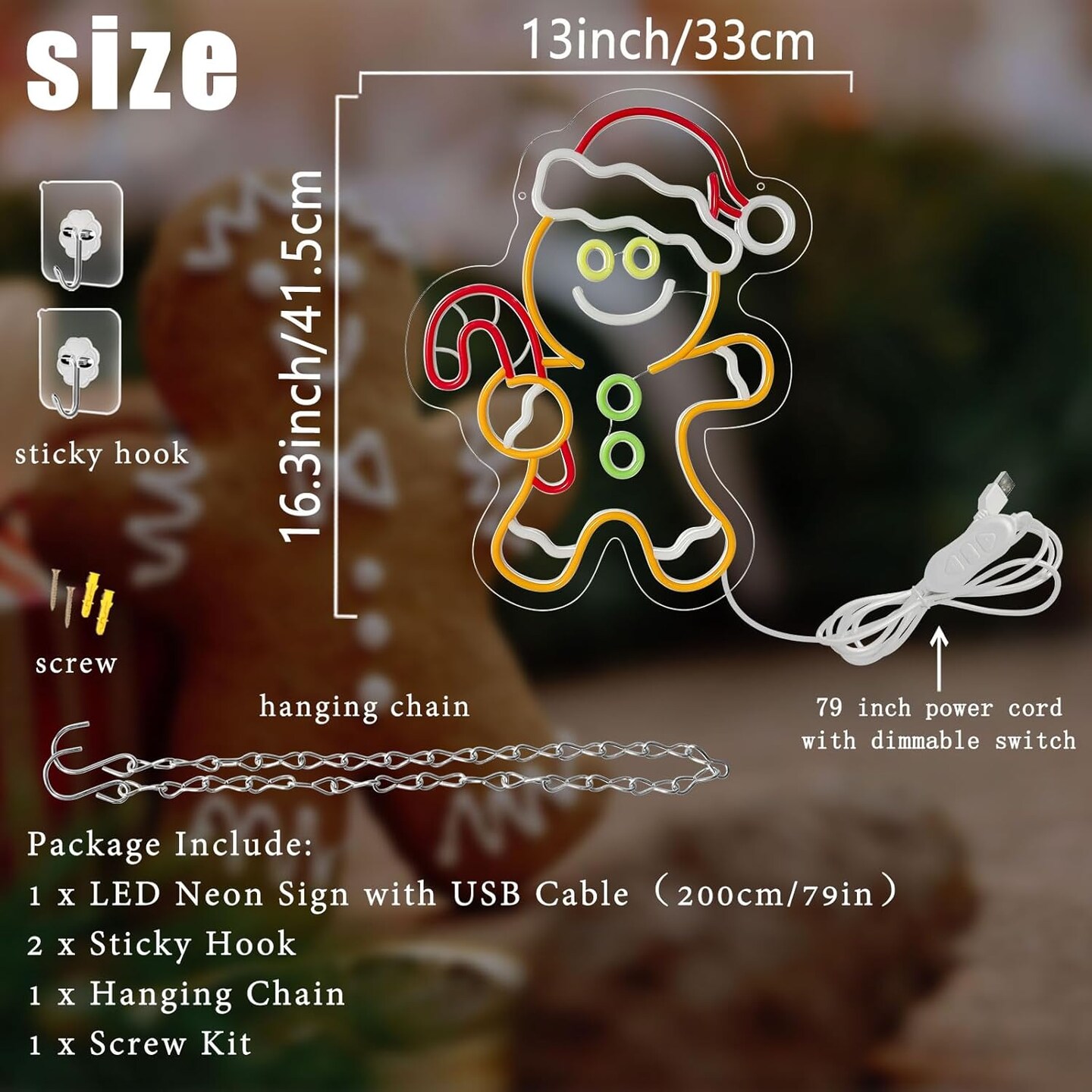 Gingerbread Man Neon Sign for Christmas Decor, Dimmable Christmas Neon Signs for Wall Decor, LED New Year Neon Lights for Kids Room, Living Room, Birthday, Party, Club, Girls, Boys