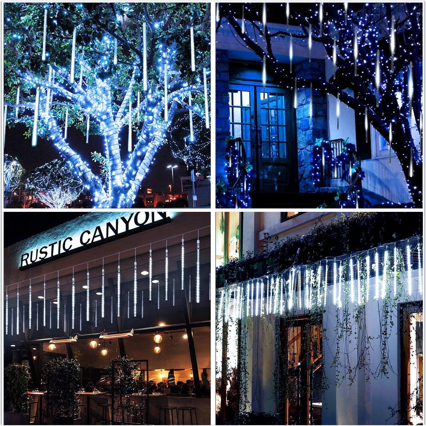 Meteor Shower Lights Outdoor White Christmas Lights 16 Inch 10 Tubes 360 LED Falling Rain Lights Waterproof Snowfall Dripping Icicle Lights for Xmas Tree Holiday Decoration Yard Porch Patio