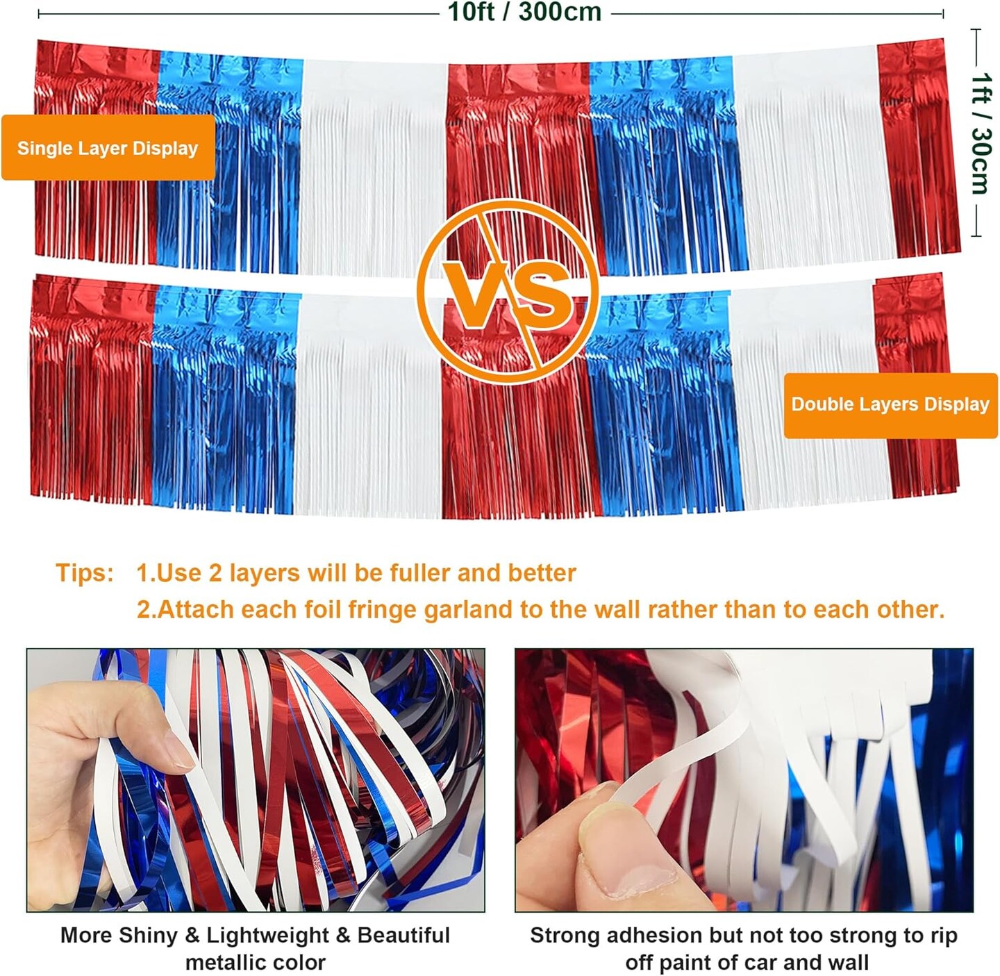 5 Pack 10 Feet Parade Floats Foil Fringe Garland Metallic Tinsel Streamers Banner for Wedding Birthday Party 4th of July Memorial Patriotic Day Decoration (Royal Blue Red White)