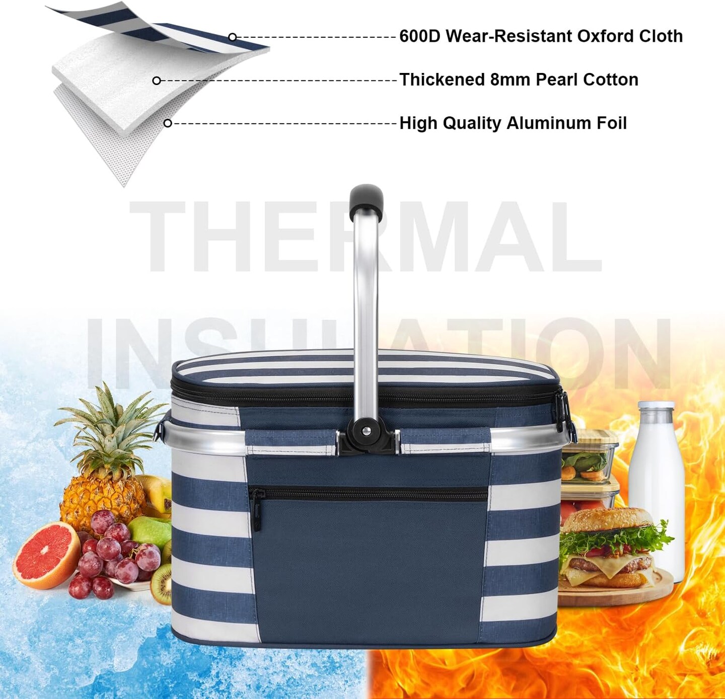 Insulated Picnic Baskets Shoping Basket Cooler Bag Collapsible Portable Picnic Basket (Blue White Stripe)