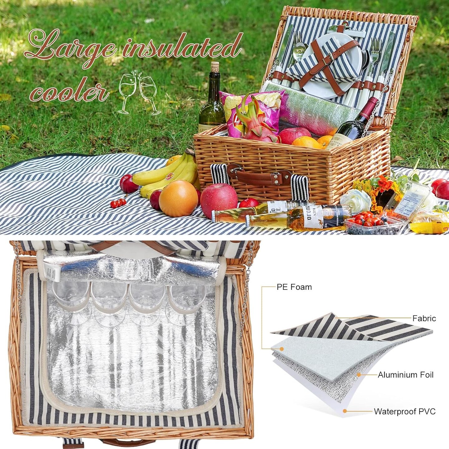 Wicker Picnic Basket Set for 4 Persons with Blanket,Handmade Willow Picnic Basket with Insulated Cooler &#x26; Cutlery Kit, Gift Basket