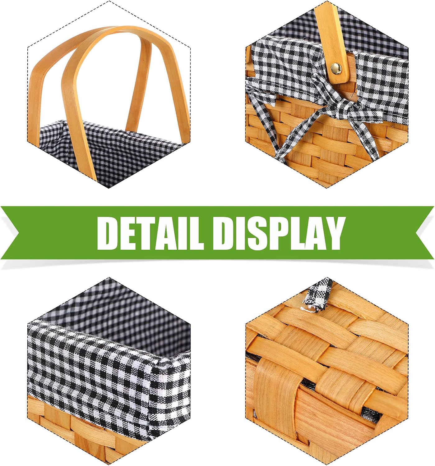 Picnic Basket Natural Woven Woodchip Basket with Double Folding Handles, Picnic Blanket Easter Basket for Easter Egg Candy Storage Spring Summer Camp(Black and White Grid)