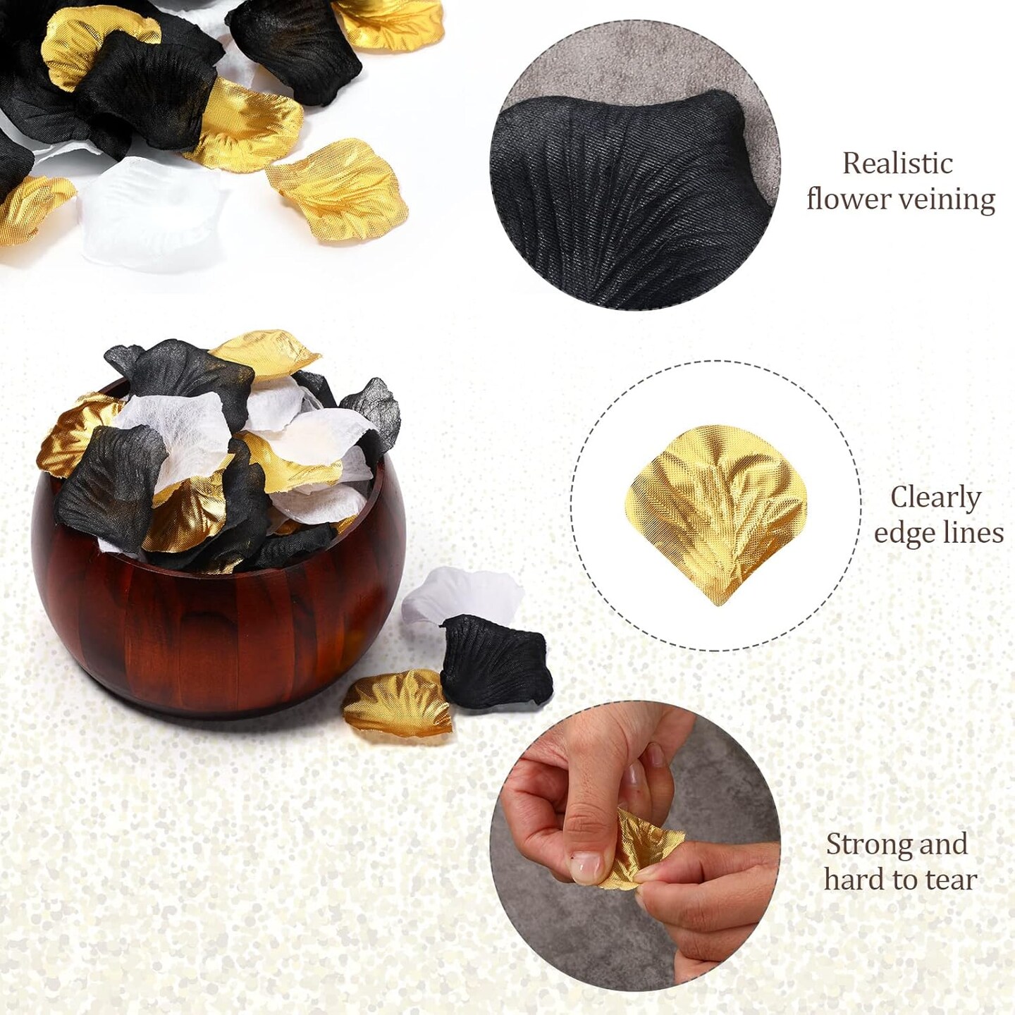 1,600 Pcs Artificial Fake Rose Flower Petals Decoration Flower Centerpieces for Valentines Day Tables Weddings Graduation Party Decor Supplies(Gold, White, Black)
