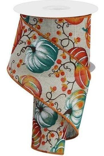 2.5&#x22; Pumpkins Bittersweet Ribbon: Light Natural/Teal (10 Yards)