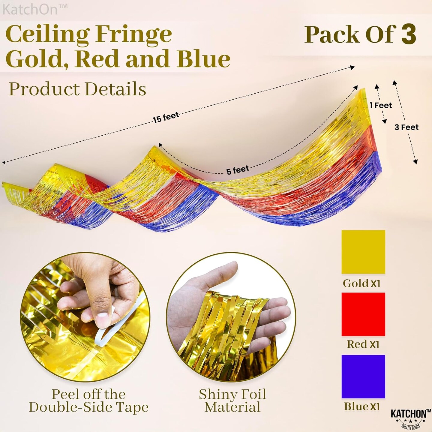 XtraLarge Red Gold Blue Ceiling Fringe Curtain - 1x15 Feet, Pack of 3 Party Decorations