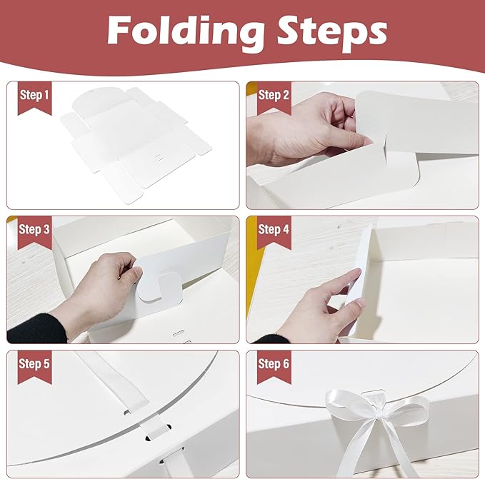 10 PCS Gift Boxes with Lids, 10.6x7.8x3.1 Inch Kraft Paper Gift Box, White with Ribbon, Bridesmaid Proposal Box for Wedding, Packaging, Present, Birthday, Cupcake