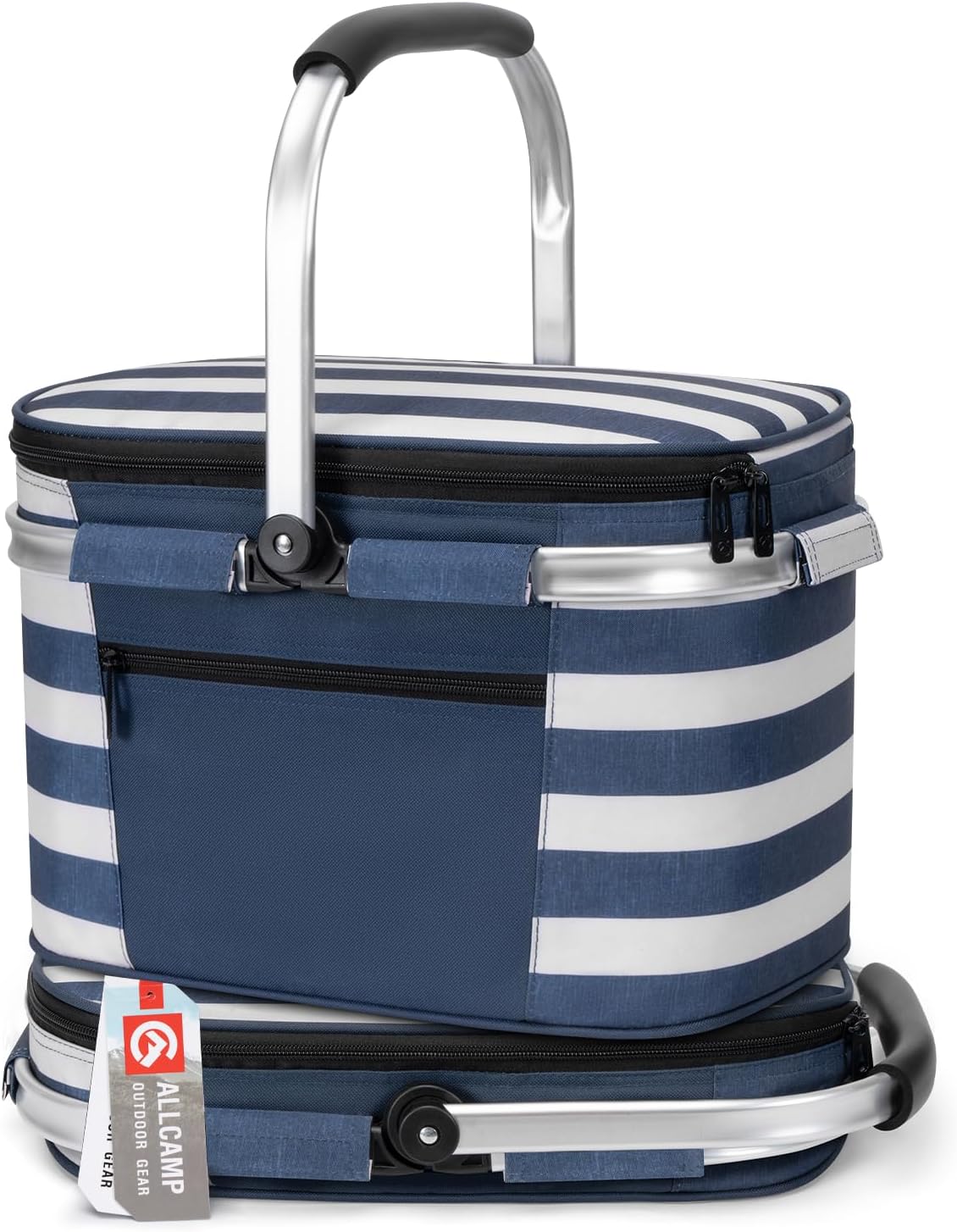 Insulated Picnic Baskets Shoping Basket Cooler Bag Collapsible Portable Picnic Basket (Blue White Stripe)