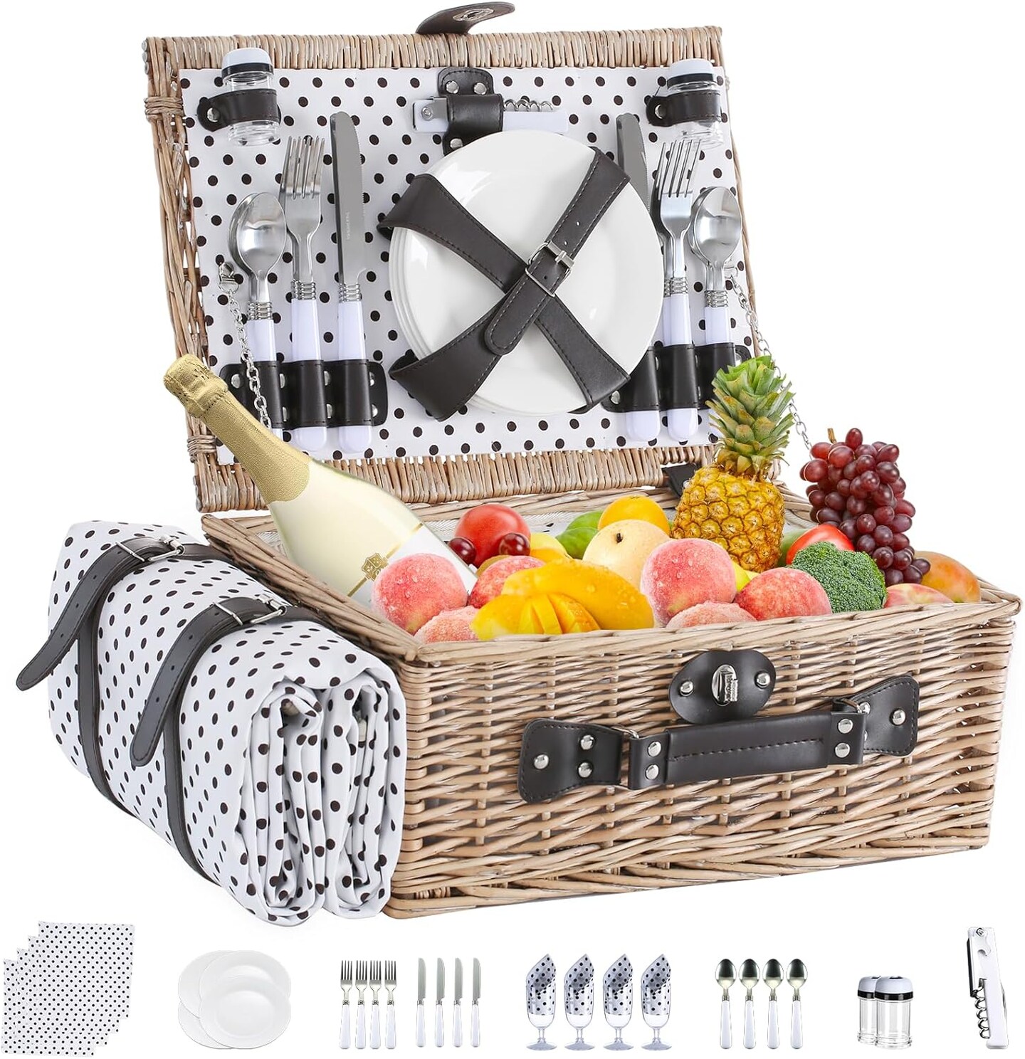 Picnic Basket for 4 Persons Willow Weaving Picnic Set with Cooler Insulation Bag and Waterproof Picnic mat Picnic Baskets for Camping,Wedding,Summer Beach, Outdoor,Birthday Gifts