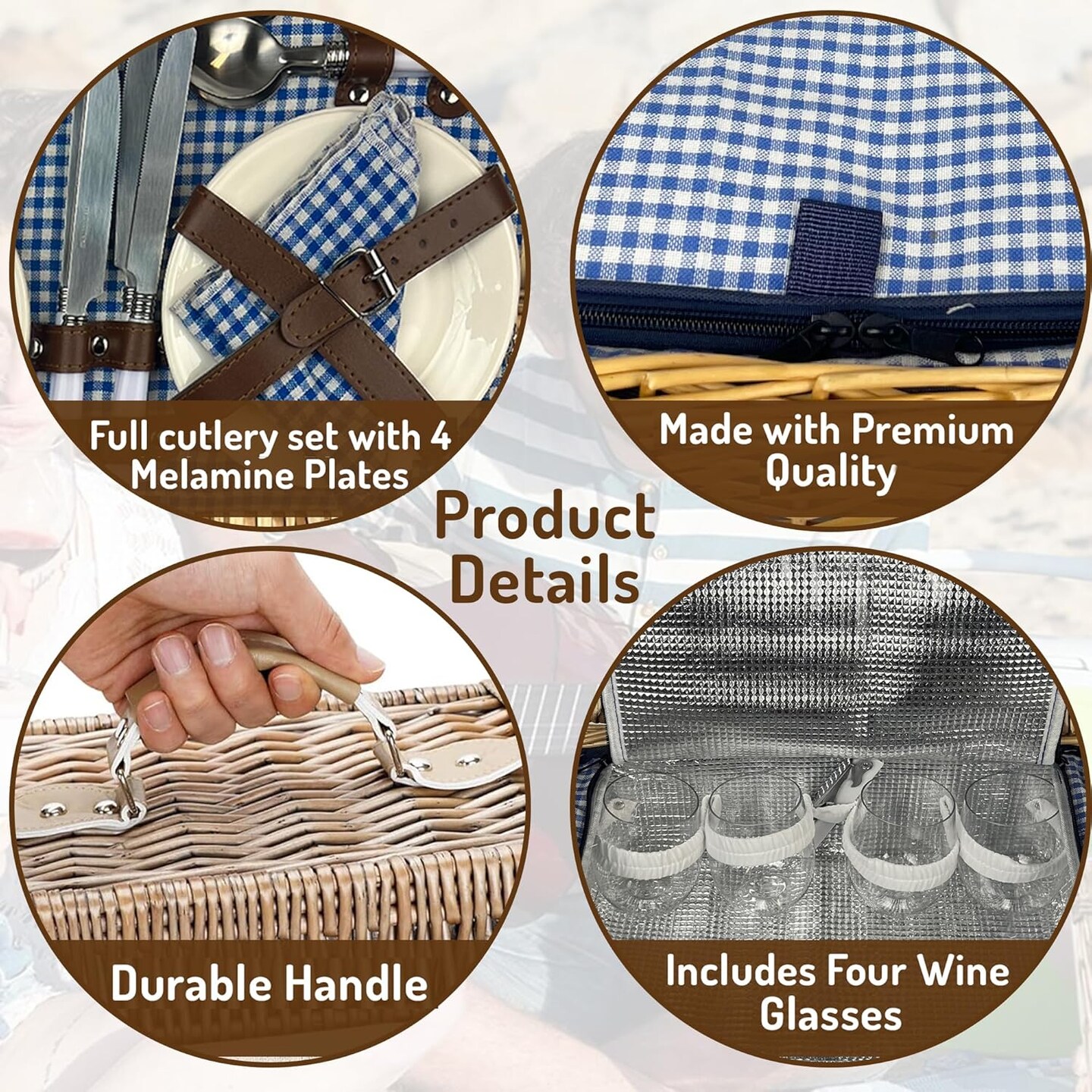 Picnic Basket Set, Wicker Basket with Handle for Outdoors, Insulated Woven Basket, Includes a Service Kit of Dinnerware &#x26; Wine Glasses, Picnic Basket Set for 4 with Blanket, Blue &#x26; White