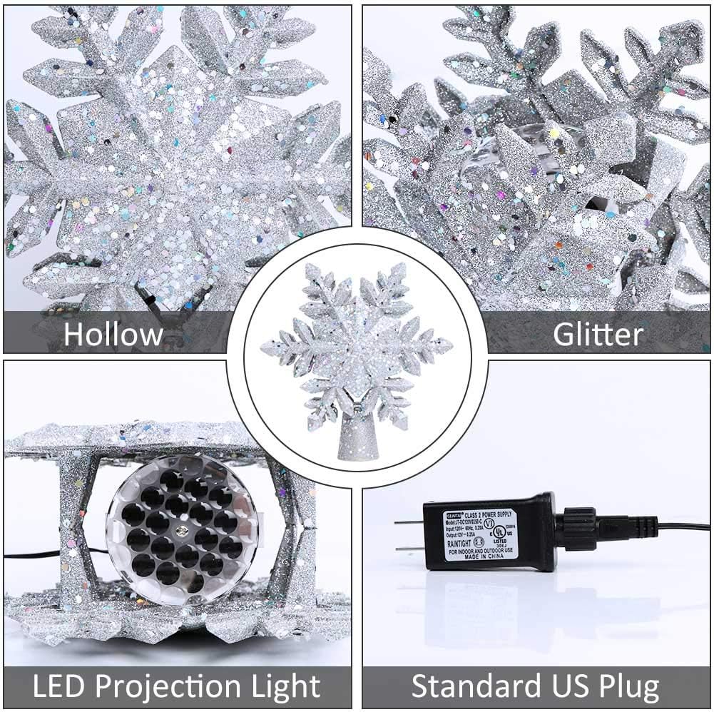Christmas Tree Topper Lighted with LED Rotating Silver Snowflake Decorations Projector Silver Snow Tree Topper Night Light Projector for Indoor Outdoor Christmas Tree Decorations
