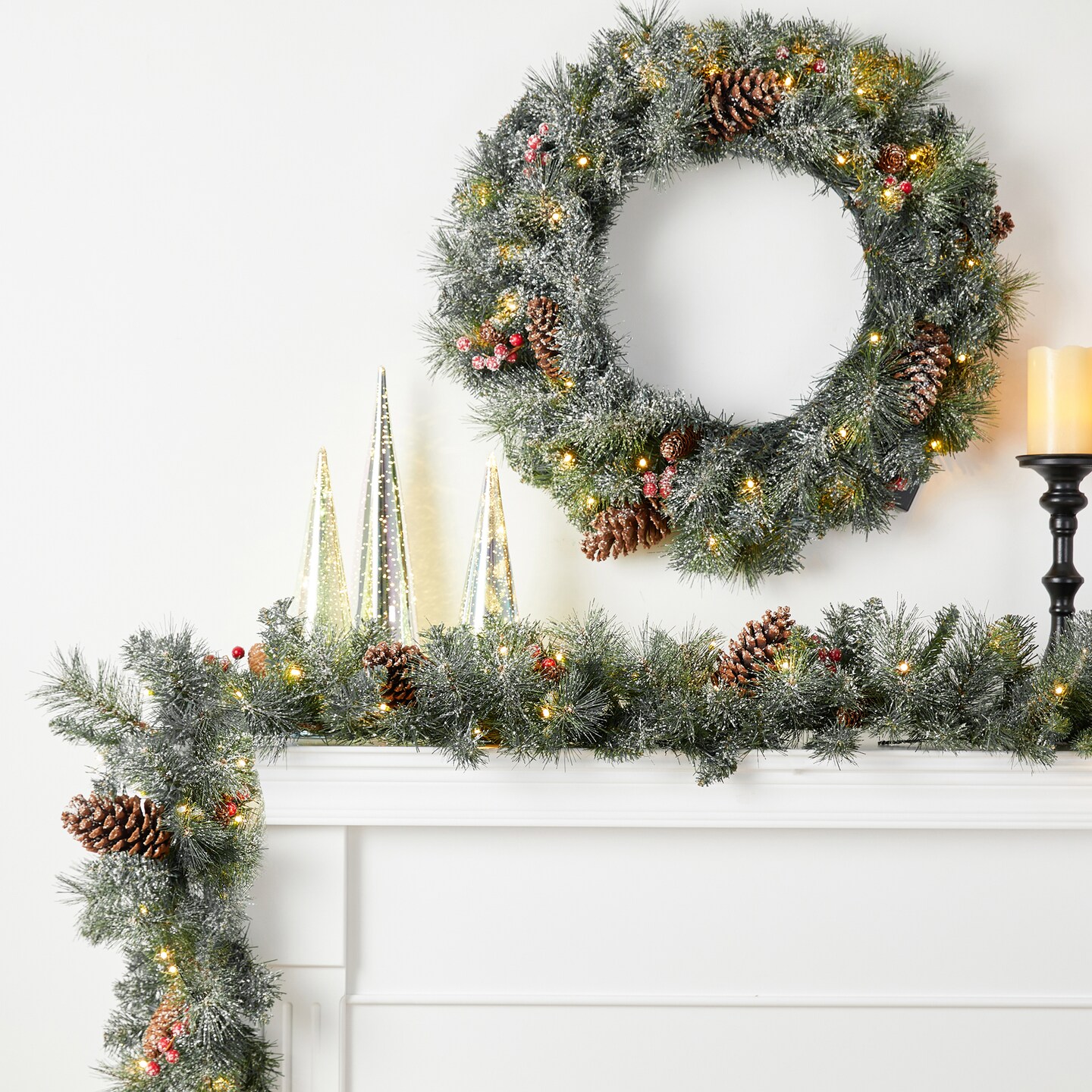 Set of 5 24&#x22;D Pre-Lit Glittered Pine Cone Christmas Wreath &#x26; 9FT Garland &#x26; 4FT Porch Tree Set