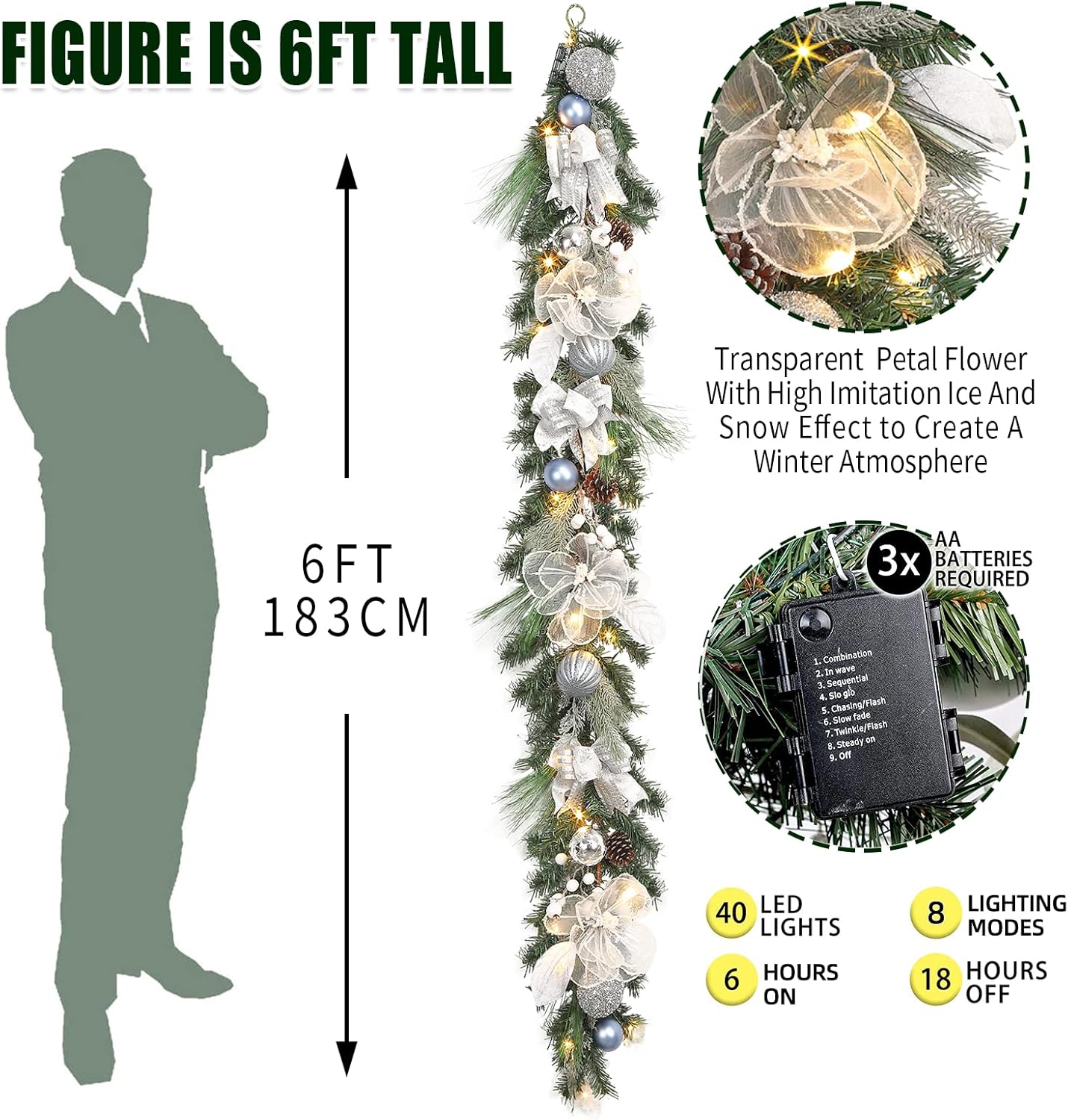 Pre-lit 6 feet Winter White Silver Christmas Garland Decor 20 LED Lights,Garland with Balls and Ribbon Bow,Xmas Decoration on Mantle Fireplace Front Door Indoor Outdoor,Battery Operated