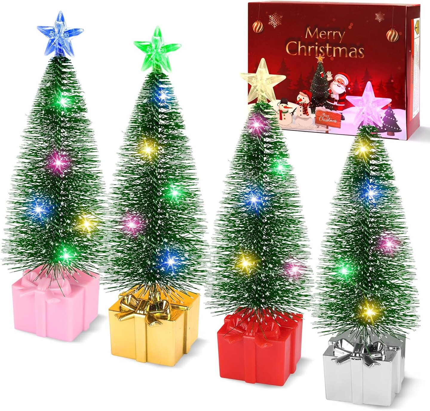 Mini Christmas Tree with Lights, 4 Pack Tabletop Christmas Tree with LED Lights